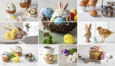 Collage of easter symbols, rabbit, fresh blooming flowers, bird's nest, colored easter eggs,