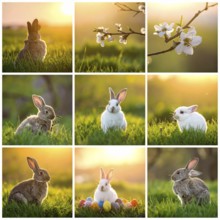 Collage of easter symbols, rabbit, fresh blooming flowers, bird's nest, colored easter eggs,