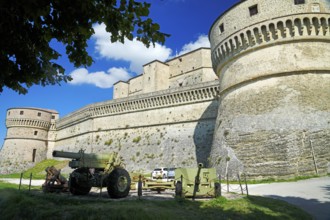 Round tower of the fortress with four guns, medieval fortress, San Leo fortress, San Leo,