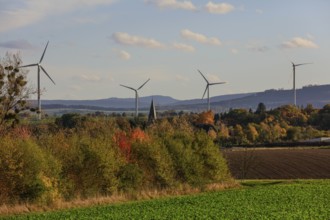 Bennigsen, wind turbines seen from the mountain village of Lüdersen, city of Springe, Hanover