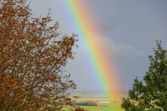Rainbow over the Calenberger Land between Hanover and Hildesheim, wind turbines seen from the