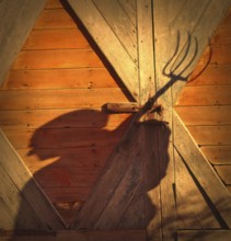 Farmer with a pitchfork against a barn door in Vermont, USA
