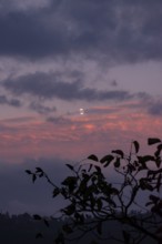 The moon shines through thick clouds in the evening sky, colored in shades of purple and pink with