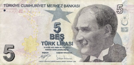 A paper banknote of 5 lira denomination issued by the Central Bank of Turkey for financial and