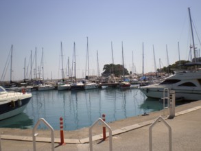 A berth of luxury yachts and boats moored at the local yacht club's pier against the backdrop of