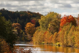 Scenic river surrounded by vibrant autumn foliage under a cloudy sky along the Thames River Valley
