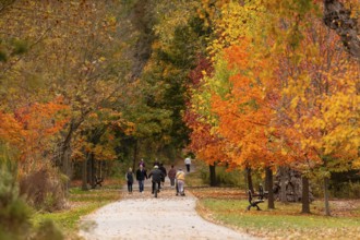 People strolling along a park path surrounded by vibrant autumn trees on the Thames Valley Parkway