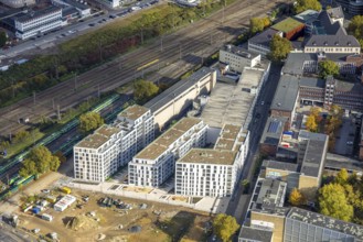 Aerial photo, construction site new literature quarter for offices and apartments between