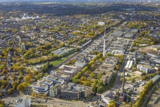 Aerial view, Deutsche Telekom IT GmbH with telecommunications tower radio mast, Gewerbehofstraße