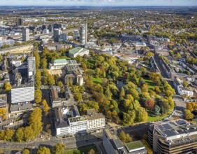 Aerial view, Essen Aalto Theatre and Essen Philharmonic with Stadtgarten on Essen Campus, autumn
