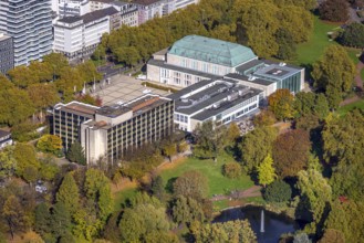 Aerial view, Philharmonie Essen am Stadtgarten with autumn trees, Stadtgarten pond with fountain,