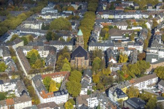 Aerial view, residential area with Catholic Church of St. Mary's Conception, autumn trees,