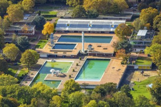 Aerial view, Grugabad in Gruga Park with autumn trees, Rüttenscheid, Essen, Ruhr region, North