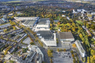 Aerial view, Messe Essen area, general overview, forest and Grugapark, eon headquarters, Bredeney,
