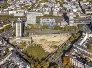 Aerial view, Essen Campus construction site at the main train station, innogy SE, Fakt Tower, DB
