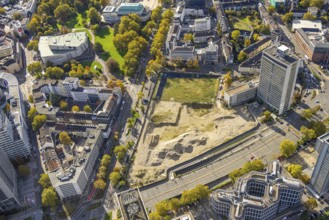 Aerial view, Essen Campus construction site at the main train station, innogy SE, Fakt Tower, DB