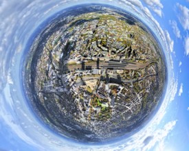 Aerial view, central station and city city center, below redesign of Essen campus construction site