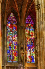 Colourful windows in the neo-gothic votive church, Vienna, Austria