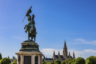 Monument of Archduke Karl, behind it the Town Hall with its neo-Gothic façade, Heldenplatz, Vienna,