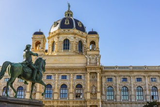 Horse-rider statue at Maria Theresia Memorial, Maria-Theresien-Platz, in the back the Natural