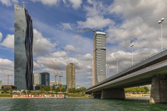 Modern high-rise buildings, Uno-City, view from Danube Island, Vienna, Austria