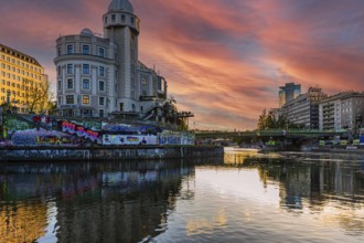 Urania Observatory and Danube Canal at sunset, Vienna, Austria