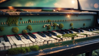 The weathered piano, adorned with green moss warm sunset backdrop. AI generated