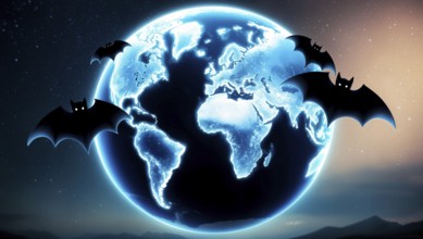 Bats flying around glowing Earth at night with a starry background. AI generated