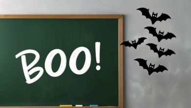 A chalkboard in a classroom shows the word Boo! written in white. Black bats flying against the