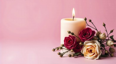 A lit white candle stands next to dried roses on a soft pink background, creating a calm and