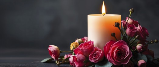 A lit candle surrounded by pink roses against a dark background, creating a romantic and serene