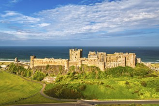 Bamburgh Castle from a drone, Northumberland, Northeast Coast, England, United Kingdom