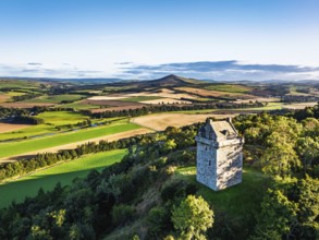 Fatlips Castle from a drone, Minto Crags, River Teviot, Roxburghshire, Scottish Borders, Scotland,