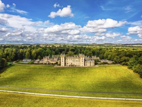 Floors Castle and garden from a drone, Duke of Roxburghe, Roxburghshire, Scotland, UK