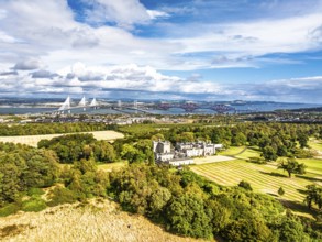 Dundas Castle over South Queensferry from a drone, Edinburgh, Scotland, UK