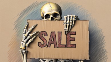 A skeleton humorously holds a cardboard sale sign against a beige background, hand-drawn sketch