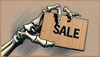 Illustration of a skeleton hand holding a cardboard sign with the word 'SALE' in bold black