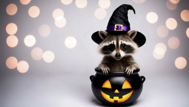 A raccoon wears a black witch hat and sits inside a pumpkin-shaped cauldron. The background is