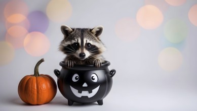 A cute raccoon cub peeks out of a black cauldron decorated with a spooky face, next to a bright