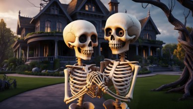 Two cheerful skeletons standing hand in hand in front of an old gothic mansion surrounded by trees
