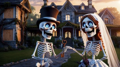 Funny skeleton bride and groom with glowing blue eyes standing in front of a spooky old house at