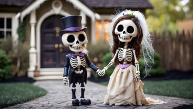 Cute skeleton bride and groom standing hand in hand on the walkway in front of a cozy suburban