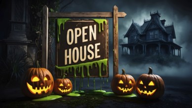 A haunted house is set up outside an old mansion with an open house sign. Brightly carved pumpkins