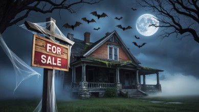 A haunting house and a sign for sale in a misty landscape, illuminated by a full moon. Bats fly