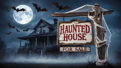 An eerie scene shows a haunted house for sale illuminated by the light of a full moon. Bats fly in