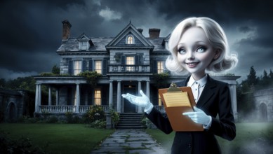 Under a dark sky, a ghostly woman realtor stands in front of a grand haunted mansion on Halloween