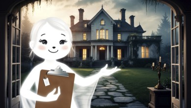 A ghostly realtor stands at the entrance of a grand haunted mansion, holding a metallic clipboard.