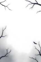 Silhouetted bare branches frame a foggy background with a lone bat, creating an eerie, gothic