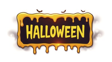 A colorful Halloween sign showcases the word Halloween in bright yellow letters on a dark