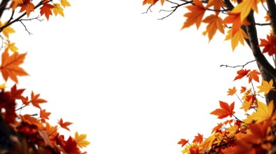 Bright autumn trees with golden leaves, autumnal frame on clean white background with copy space